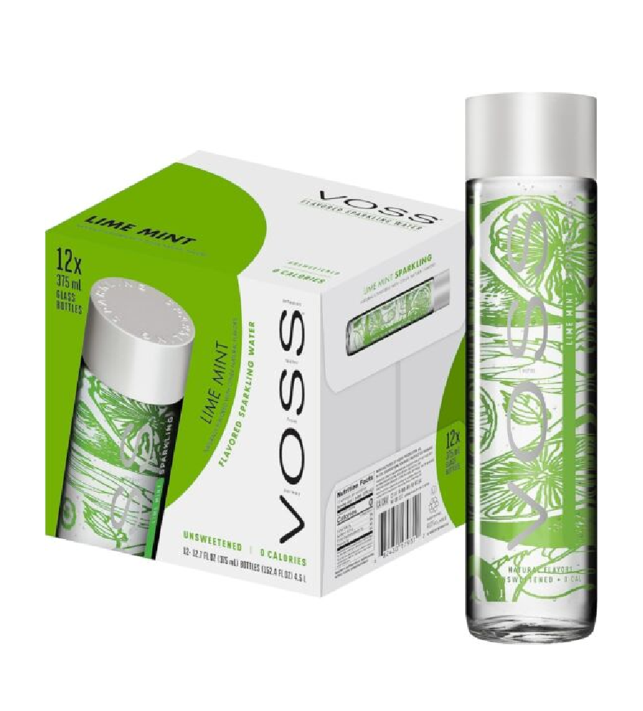 Voss Lime and Mint Sparkling Water Green, 375 ml (Pack of 12)